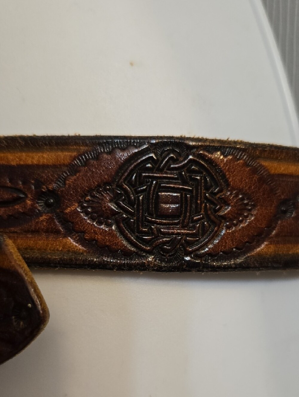 Vintage Tooled Brown Leather Belt with Brass Buckle - Picture 3 of 5